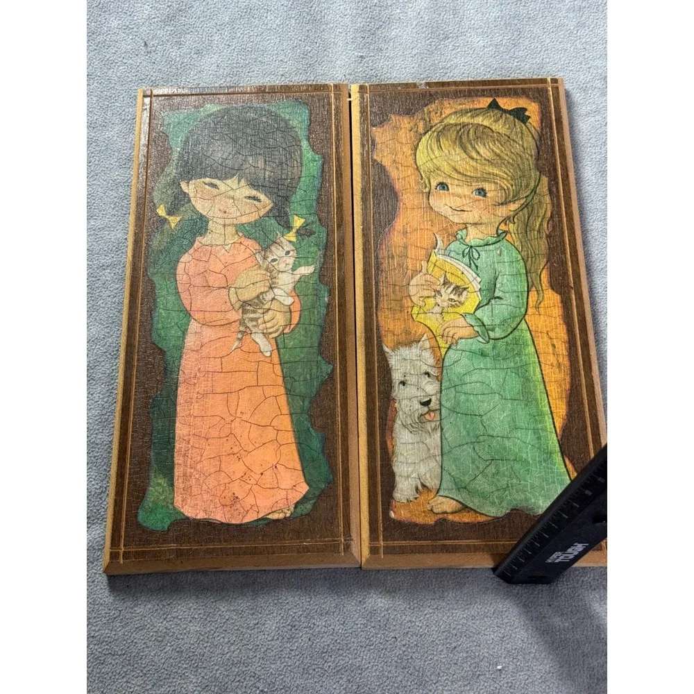 Vintage Big Eye Girl Wood Wall Plaques Set of 2 Londi 1970s Retro Kitsch Decor
